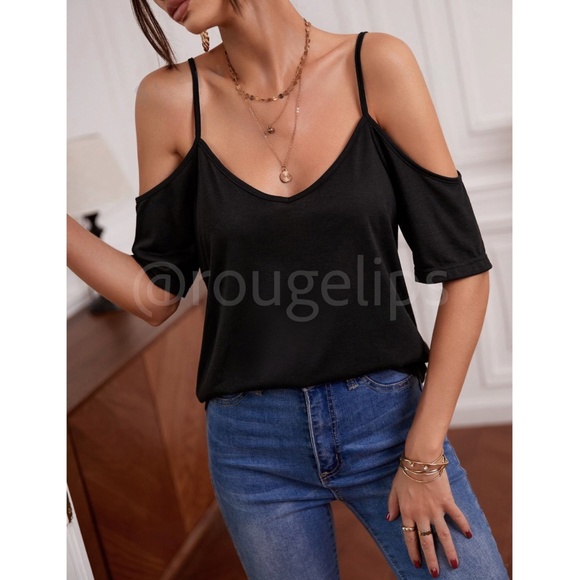 Black Casual Tee Shirt Cold Shoulder Short Sleeve - Picture 10 of 13